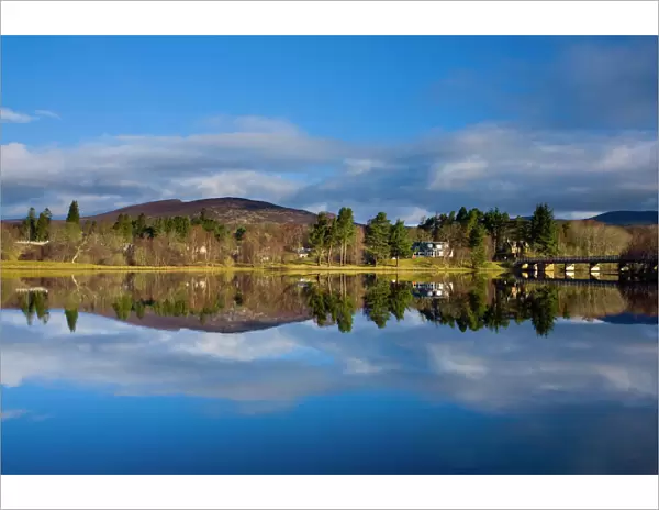 Scotland, Scottish Highlands, Cairngorms National Park. Mirror like reflections upon Loch Insh near Kincraig