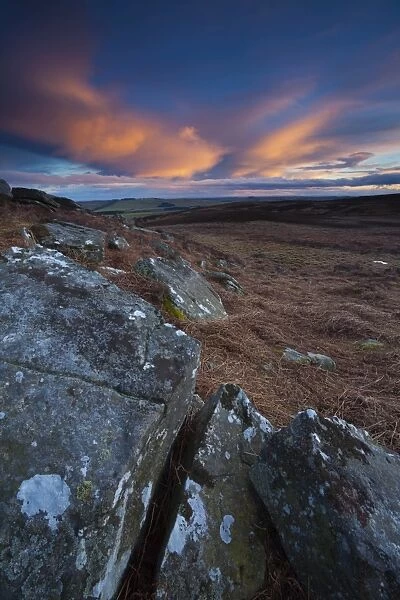 England, Northumberland, Northumberland National Park. Sunset above Caudhole Moss