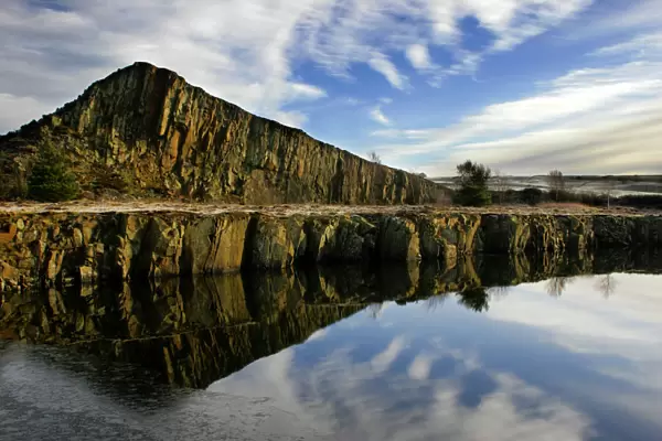 ENGLAND, Northumberland, Cawfields. A winter view of the Great Whin Sill at Cawfields near the town of