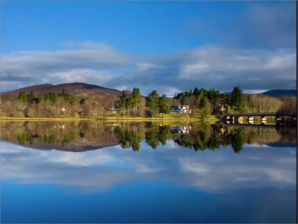 Scotland, Scottish Highlands, Cairngorms National Park. Mirror like reflections upon Loch Insh near Kincraig