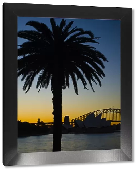 Australia, New South Wales, Sydney. Sydney Harbour bridge and the opera house viewed at sunset
