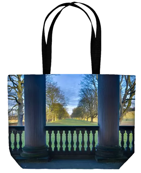 England, Tyne and Wear, Gibside. Looking through the stone pillars of the Gibside Chapel towards the half mile, Oak tree lined walk heading to the Column