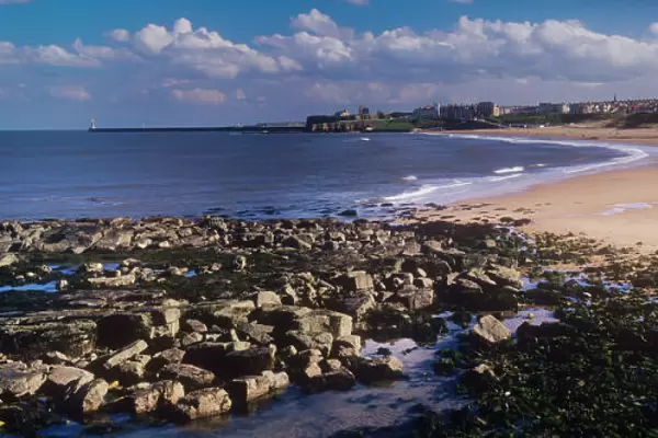 England, Tyne and Wear, Tynemouth. Looking south on a mid summers day across the Tynemouth Long Sands towards the Priory, Castle and the mouth of the Tyne. Recently there has been a great deal of conservation work undertaken to help preserve