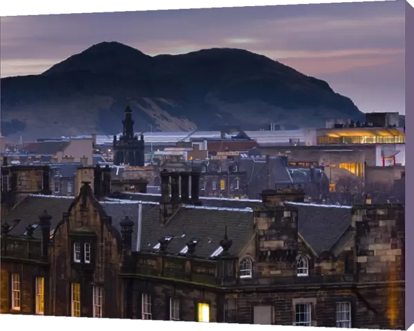 Scotland, Edinburgh, Old Town. View overlooking the Old Town towards the extinct volacano known as Arthur s