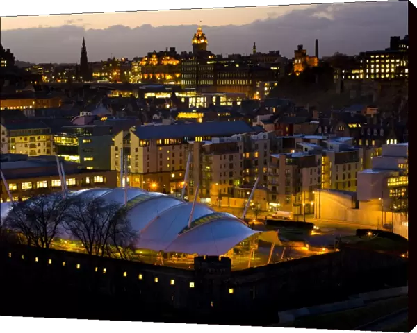 Scotland, Edinburgh, Holyrood. The Our Dynamic Earth building in the foreground was a major part of the Holyrood urban regeneration plan, built on the former site of a Brewery and