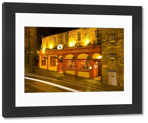 Scotland, Edinburgh, Greyfriars Bobby Bar. Greyfriars Bobbys Bar, a traditional public house located near the Greyfriars Kirk and the monument dedicated to the