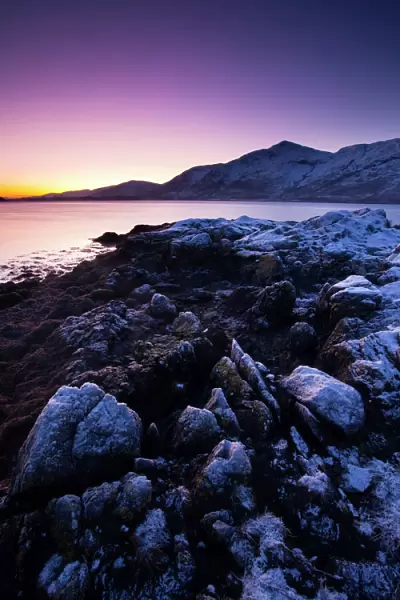 Scotland, Scottish Highlands, Loch Linnhe. Frost covered shoreline of a Loch Linnhe Bay