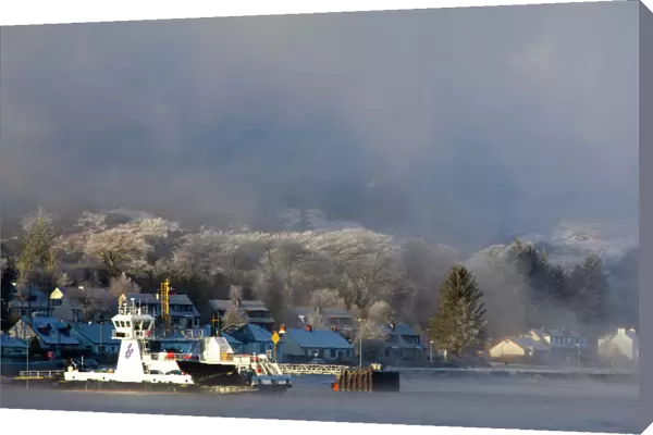 Scotland, Scottish Highlands, Corran. The Corran ferry port with hoarfrost covered woodland behind