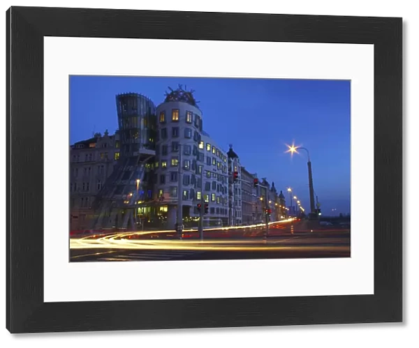 Czech Republic, Prague, Fred and Ginger Building. Cityscape scene at dusk of the Fred