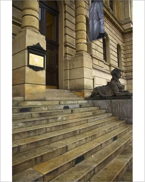 Czech Republic, Prague, Rudolfinum Concert Hall and Gallery. Statue and typical Prague architecture outside the
