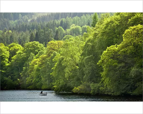 Scotland, Perth and Kinross, Pitlochry. Fishing from a boat on Loch Faskally