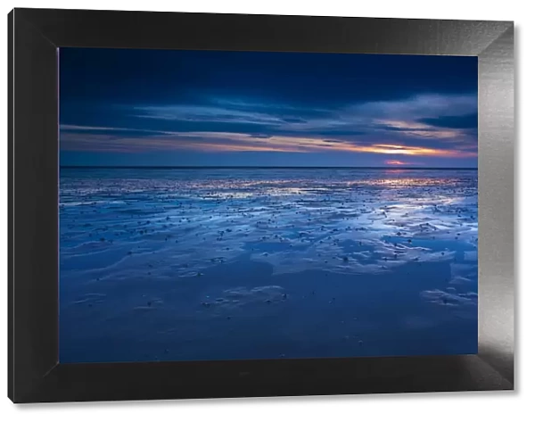 England, Northumberland, Goswell Sands. The blue hues of dawn reflected on the sandy expanse of the beach at Goswell Sands along the Northumberland