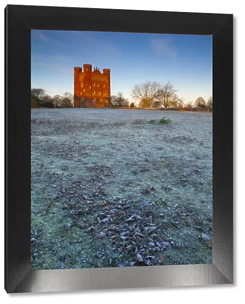 England, Lincolnshire, Tattershall Castle. Tattershall Castle, a red-brick medieval castle built by Ralph Cromwell, Lord Treasurer of England in 1434, on a frosty