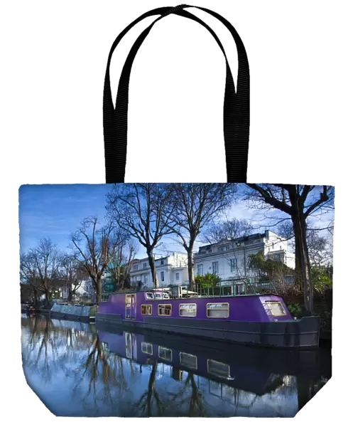 England, London, Little Venice. Canal Narrow Boat moored on the Regents Canal at the Little Venice