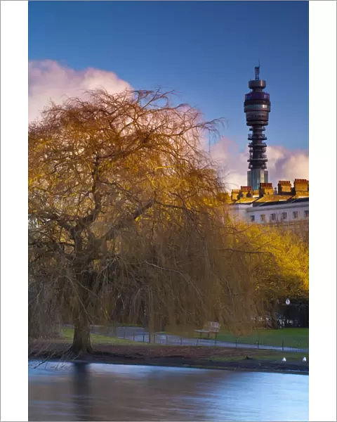 England, London, Regents Park. Boating Lake in Regents Park, with the iconic BT Tower