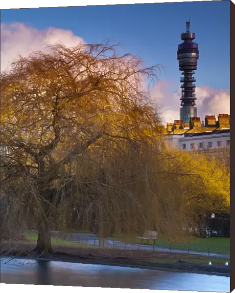 England, London, Regents Park. Boating Lake in Regents Park, with the iconic BT Tower