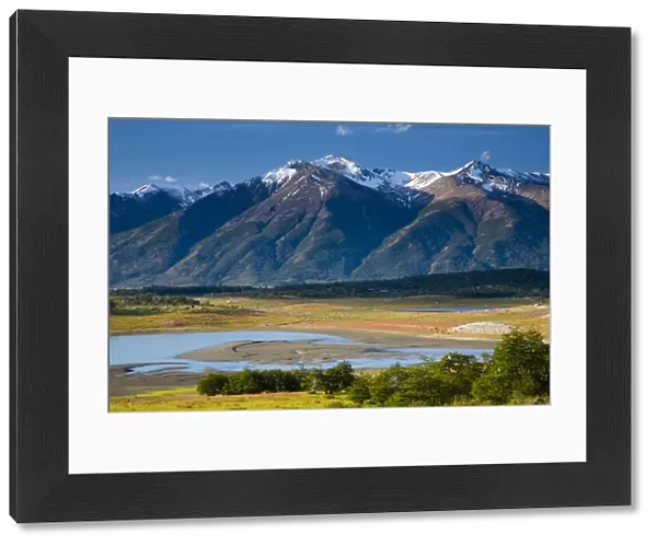 Argentina, Patagonia, Los Glaciares National Park. Lake Roca, situated amidst a mountain backdrop