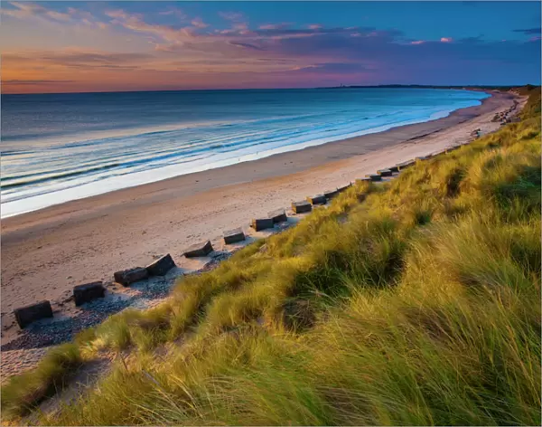 England, Northumberland, Druridge Bay. A dramatic expanse of sand dunes fringing the picturesque beach at Druridge Bay, viwed shortly