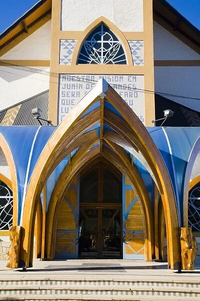 Argentina, The Lake District, Jun├â├é┬¡n De Los Andes. Colourful church in Jun├â├é┬¡n De Los Andes