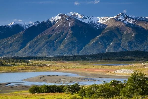 Argentina, Patagonia, Los Glaciares National Park. Lake Roca, situated amidst a mountain backdrop