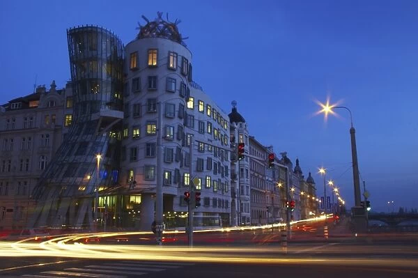 Czech Republic, Prague, Fred and Ginger Building. Cityscape scene at dusk of the Fred