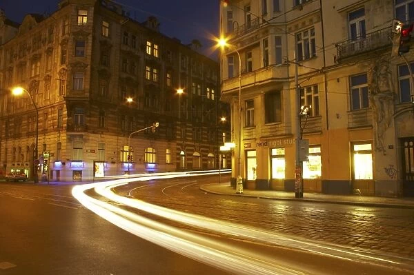 Czech Republic, Prague, Prague City. Cityscape scene of traffic trails at dusk through a busy street in the city