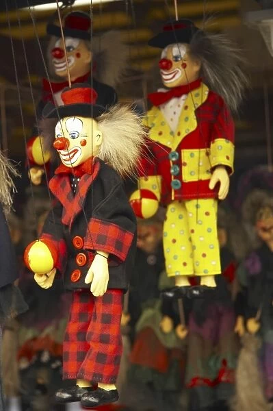 Czech Republic, Prague, Prague City. Traditional Czech Clown Puppet on a market stall in Prague