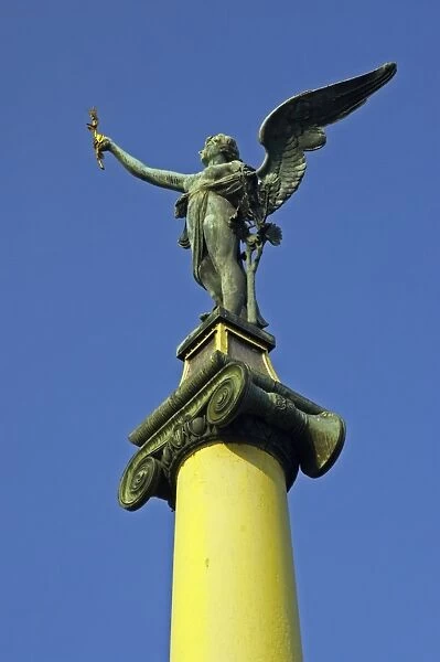 Czech Republic, Prague, Prague City. Art Noveau sculpture located on the Cech bridge spanning across the