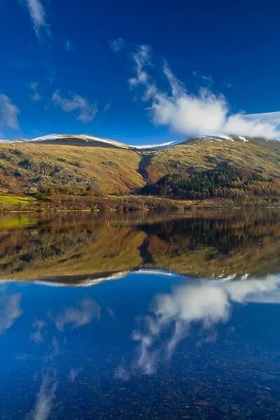 England, Cumbria, Lake District National Park. Lakeland hills reflected upon the still face of the Thirlmere