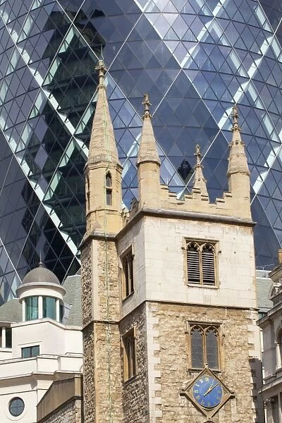 England, Greater London, The City of London. The contrasting architecture of the St Andrew Undershaft Church against a backdrop of the famous