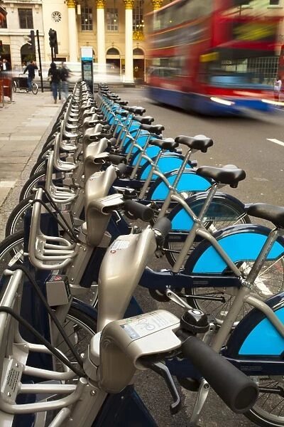 England, Greater London, City of Westminster. London Barclays Cycle Hire docking station located near the Theatre Royal Haymarket in the city of London. The London Cycle Hire scheme has been nicknamed Boris Bikes after the present