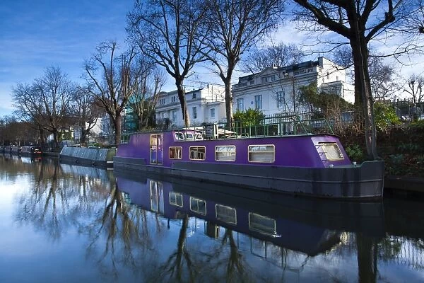 England, London, Little Venice. Canal Narrow Boat moored on the Regents Canal at the Little Venice