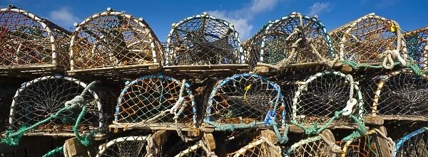England. Northumberland, Craster. Stack of lobster traps or lobster pots