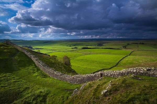 England, Northumberland, Northumberland National Park. A well preserved stretch of Hadrians Wall passing along
