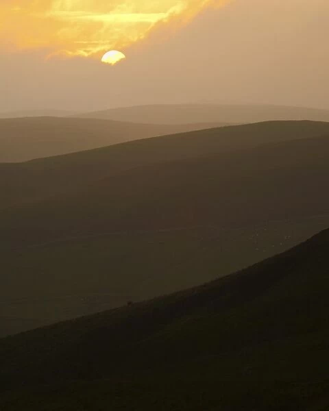 England, Northumberland, Northumberland National Park. Sunset over the rolling Cheviot Hills
