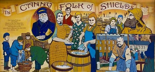 England, Tyne & Wear, North Shields. Painting on a building in North Shields depicting characters from the history of