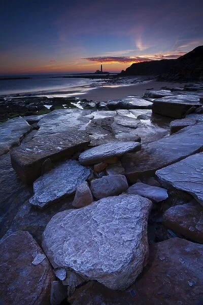 England, Tyne and Wear, Whitley Bay. Frost covered boulder on bay north of St Marys Lighthouse