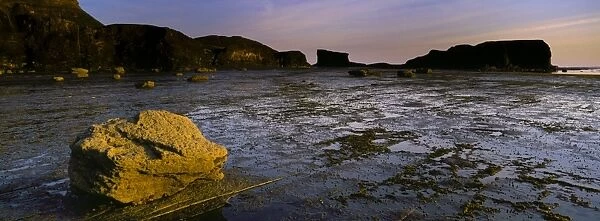 ENGLAND Yorkshire North York Moors National Park Morning light iluminates the coastline of Saltwick Bay Nab