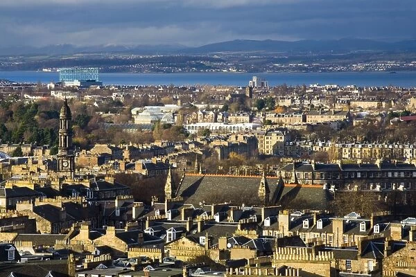 Scotland, Edinburgh, Calton Hill. Looking across Edinburgh City New Town to The Firth of Forth