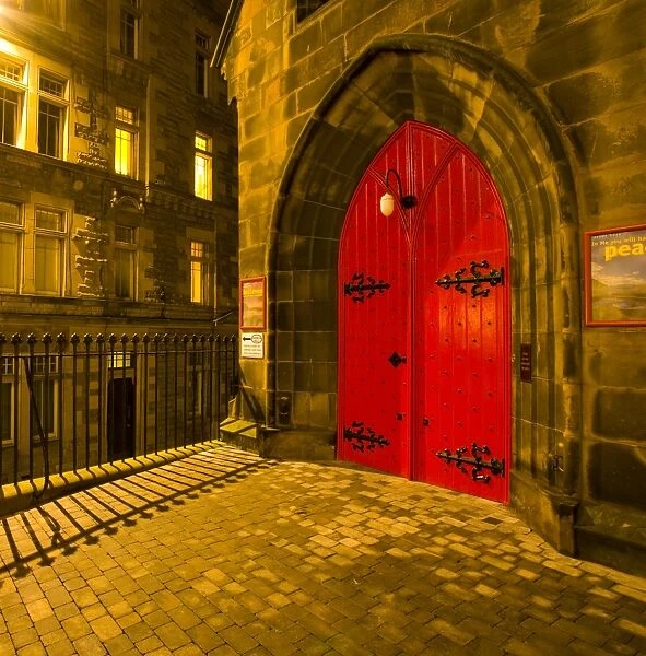 Scotland, Edinburgh, Old Town. Courtyard and doorway of the St. Columbas Church