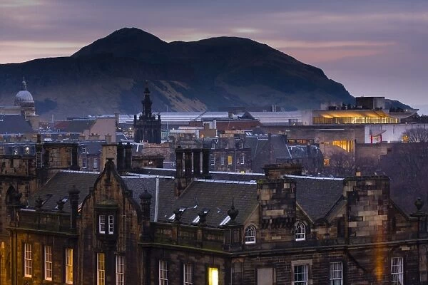 Scotland, Edinburgh, Old Town. View overlooking the Old Town towards the extinct volacano known as Arthur's