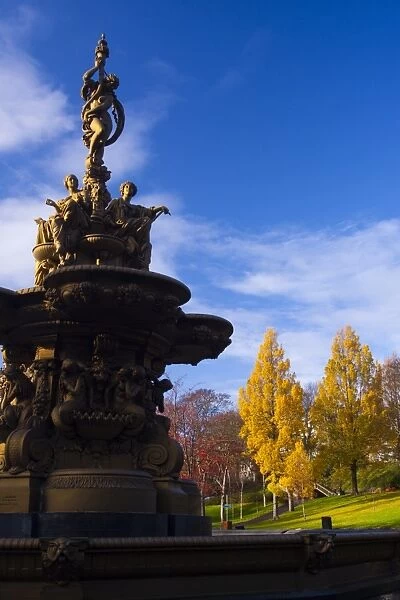 Scotland, Edinburgh, Princes Streeet Gardens. Ross Fountain was cast In France in the early 1860s before being exhibited in the Great Exhibition (London) in 1862 and finally being installed in West Princes Street Gardens some ten