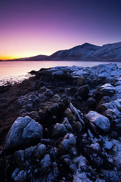 Scotland, Scottish Highlands, Loch Linnhe. Frost covered shoreline of a Loch Linnhe Bay