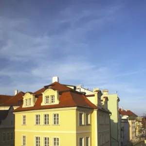 Czech Republic, Prague, Mala Strana. Typical Prague architecture viewed from Charles Bridge which links the old town and lesser town of