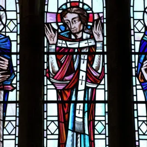 East wall stained glass window in the Chancel depicting St Paul, Risen Christ