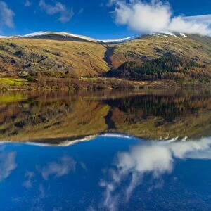 England, Cumbria, Lake District National Park. Lakeland hills reflected upon the still face of the Thirlmere