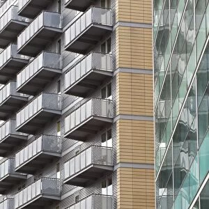 England, Greater Manchester, Manchester. Detail shot of the Bridge apartments on the banks of the River Irwell near the