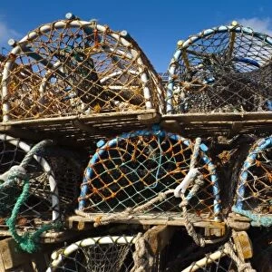 England. Northumberland, Craster. Stack of lobster traps or lobster pots
