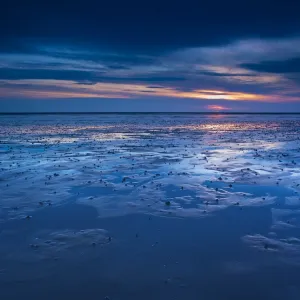 England, Northumberland, Goswell Sands. The blue hues of dawn reflected on the sandy expanse of the beach at Goswell Sands along the Northumberland