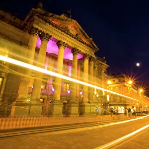 England, Tyne and Wear, Newcastle Upon Tyne. The Grade I listed Theatre Royal photographed at night. Opened in February 1837, the Theatre Royal dominates the heart of Newcastles Grainger Town